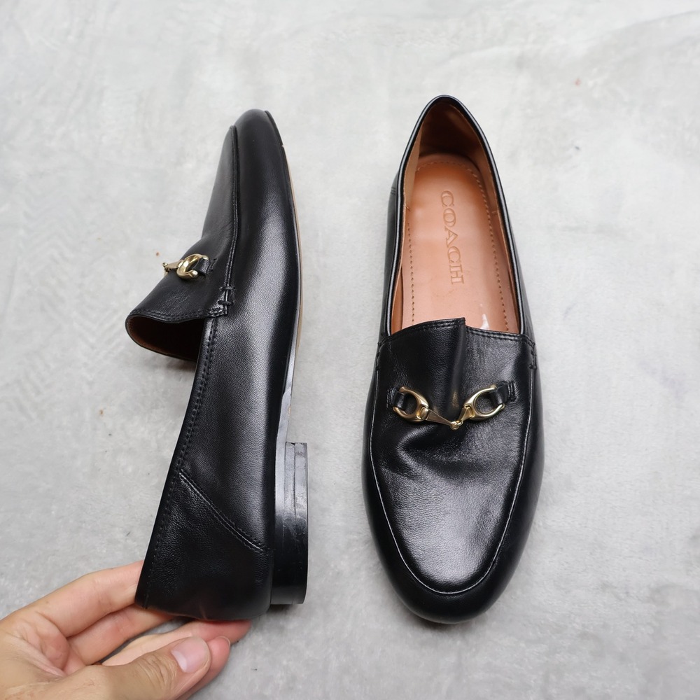 Coach Women 7 Haley Loafers Black Leather Slip-On Classic Flat Horsebit Hardware